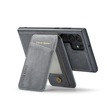 For Samsung Galaxy S23 Ultra 5G Fierre Shann Cowhide Vertical Flip Magnetic Card Holder Phone Case(Grey)