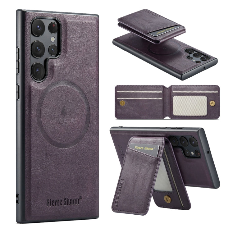 For Samsung Galaxy S23 Ultra 5G Fierre Shann Cowhide Vertical Flip Magnetic Card Holder Phone Case(Purple)