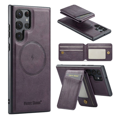 For Samsung Galaxy S23 Ultra 5G Fierre Shann Cowhide Vertical Flip Magnetic Card Holder Phone Case(Purple)