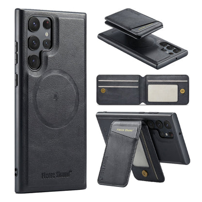 For Samsung Galaxy S22 Ultra 5G Fierre Shann Cowhide Vertical Flip Magnetic Card Holder Phone Case(Black)