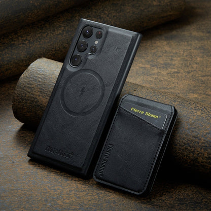 For Samsung Galaxy S22 Ultra 5G Fierre Shann Cowhide Vertical Flip Magnetic Card Holder Phone Case(Black)