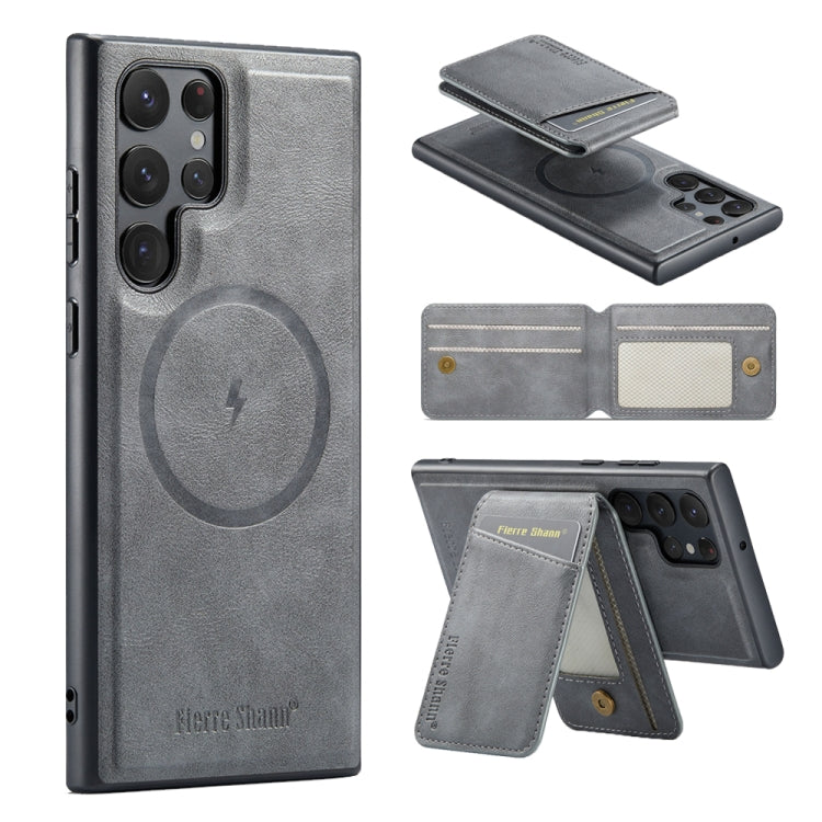 For Samsung Galaxy S22 Ultra 5G Fierre Shann Cowhide Vertical Flip Magnetic Card Holder Phone Case(Grey)