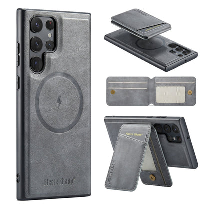 For Samsung Galaxy S22 Ultra 5G Fierre Shann Cowhide Vertical Flip Magnetic Card Holder Phone Case(Grey)