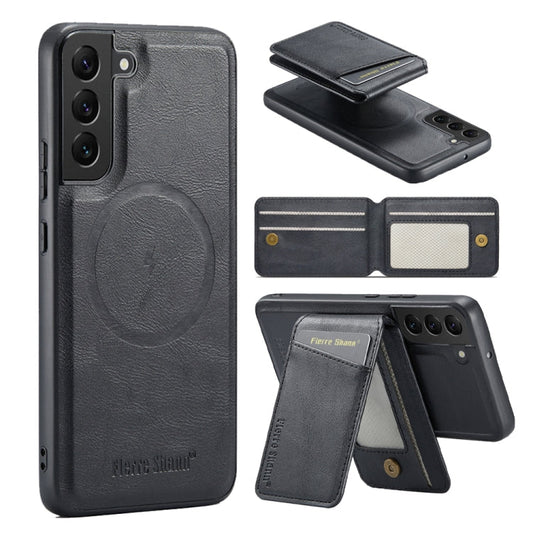 For Samsung Galaxy S22 5G Fierre Shann Cowhide Vertical Flip Magnetic Card Holder Phone Case(Black)