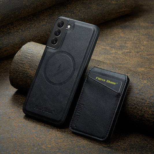 For Samsung Galaxy S22 5G Fierre Shann Cowhide Vertical Flip Magnetic Card Holder Phone Case(Black)