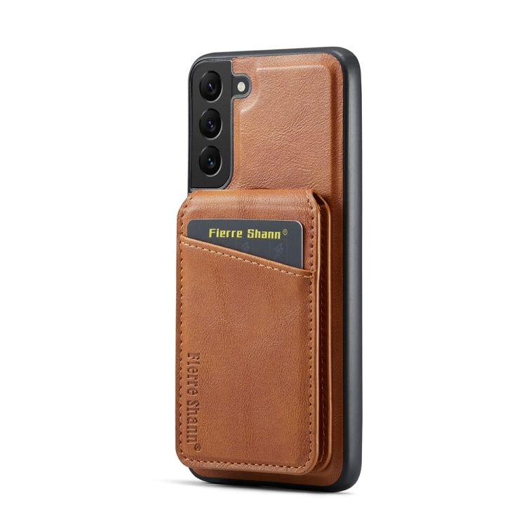 For Samsung Galaxy S22 5G Fierre Shann Cowhide Vertical Flip Magnetic Card Holder Phone Case(Brown)