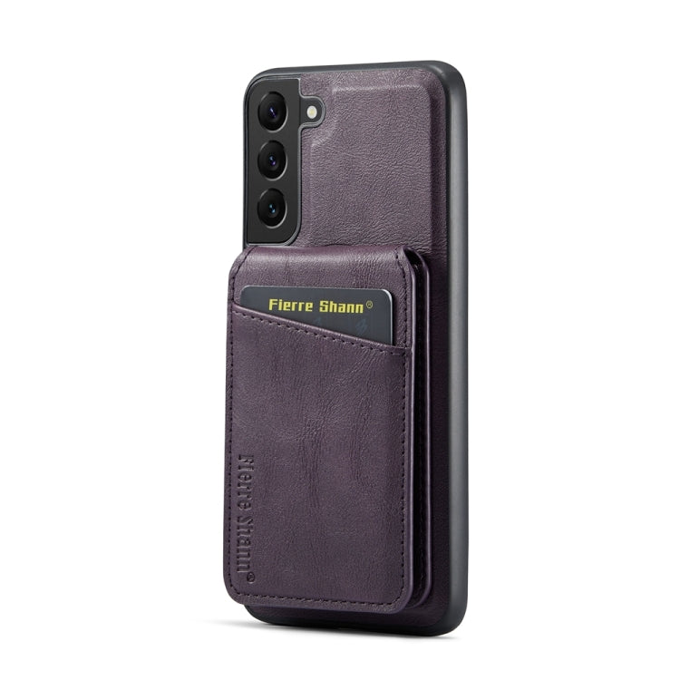 For Samsung Galaxy S22 5G Fierre Shann Cowhide Vertical Flip Magnetic Card Holder Phone Case(Purple)