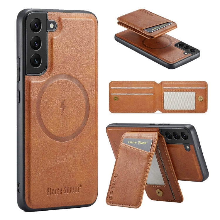 For Samsung Galaxy S22+ 5G Fierre Shann Cowhide Vertical Flip Magnetic Card Holder Phone Case(Brown)
