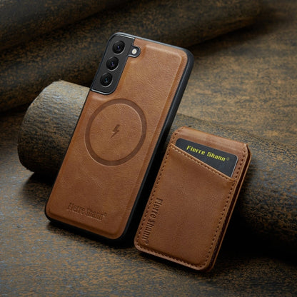For Samsung Galaxy S22+ 5G Fierre Shann Cowhide Vertical Flip Magnetic Card Holder Phone Case(Brown)