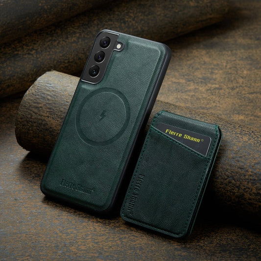 For Samsung Galaxy S22+ 5G Fierre Shann Cowhide Vertical Flip Magnetic Card Holder Phone Case(Green)