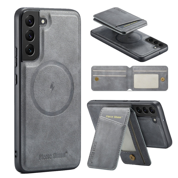 For Samsung Galaxy S22+ 5G Fierre Shann Cowhide Vertical Flip Magnetic Card Holder Phone Case(Grey)