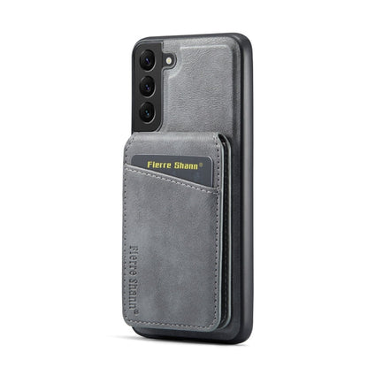 For Samsung Galaxy S22+ 5G Fierre Shann Cowhide Vertical Flip Magnetic Card Holder Phone Case(Grey)