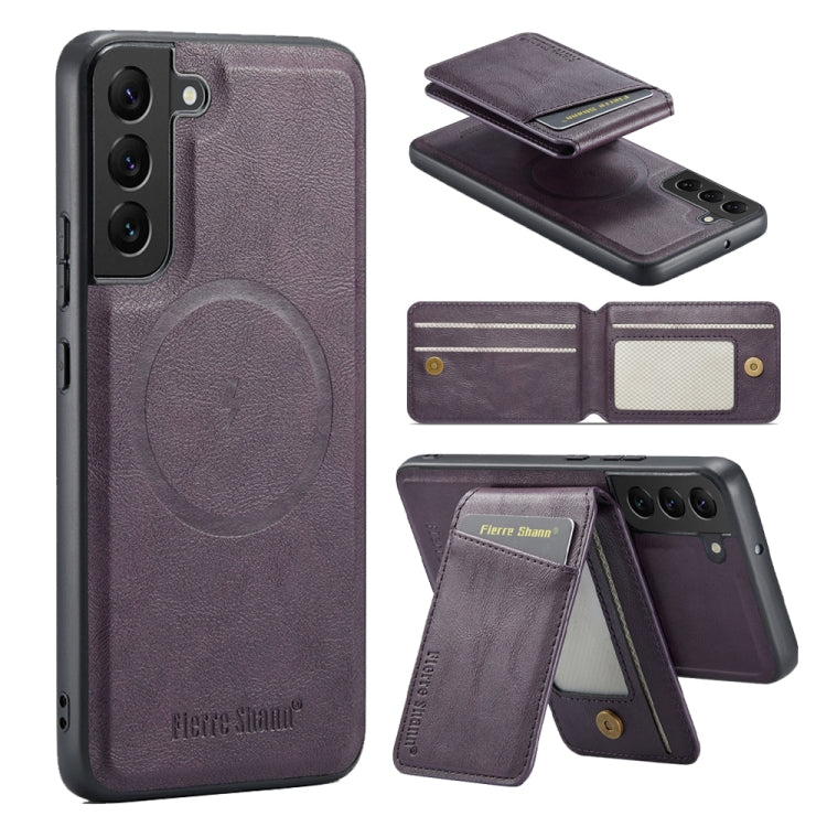 Pour Samsung Galaxy S22+ 5G Fierre Shann Étui de téléphone en cuir de vachette à rabat vertical magnétique avec porte-cartes (violet)