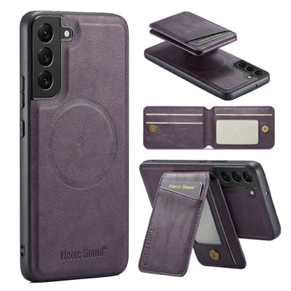 Pour Samsung Galaxy S22+ 5G Fierre Shann Étui de téléphone en cuir de vachette à rabat vertical magnétique avec porte-cartes (violet)