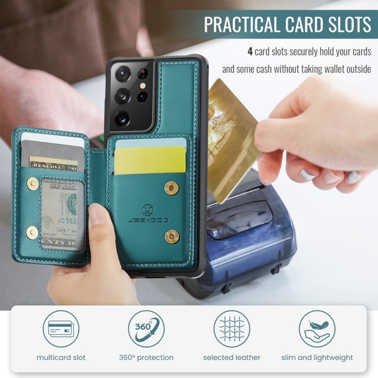 For Samsung Galaxy S21 Ultra 5G JEEHOOD J05 Business Magnetic Style RFID Leather Phone Case(Blue Green)