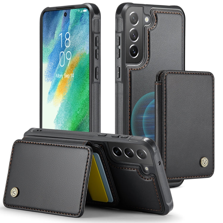 For Samsung Galaxy S21 FE 5G JEEHOOD J05 Business Magnetic Style RFID Leather Phone Case(Black)