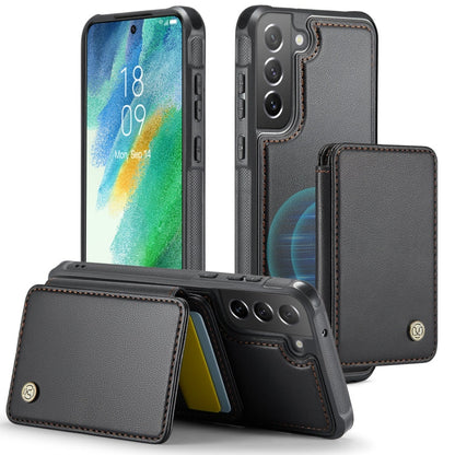 For Samsung Galaxy S21 FE 5G JEEHOOD J05 Business Magnetic Style RFID Leather Phone Case(Black)