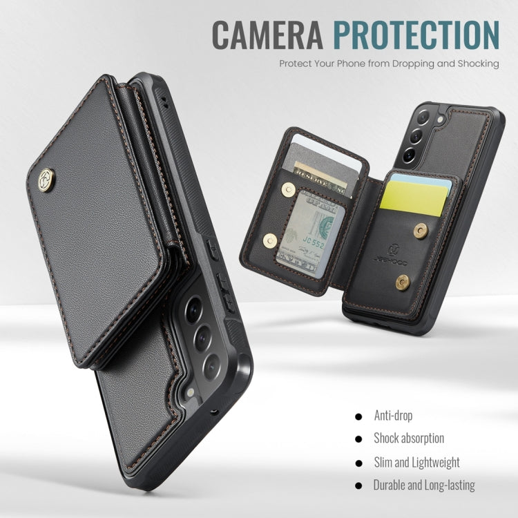 For Samsung Galaxy S21 FE 5G JEEHOOD J05 Business Magnetic Style RFID Leather Phone Case(Black)