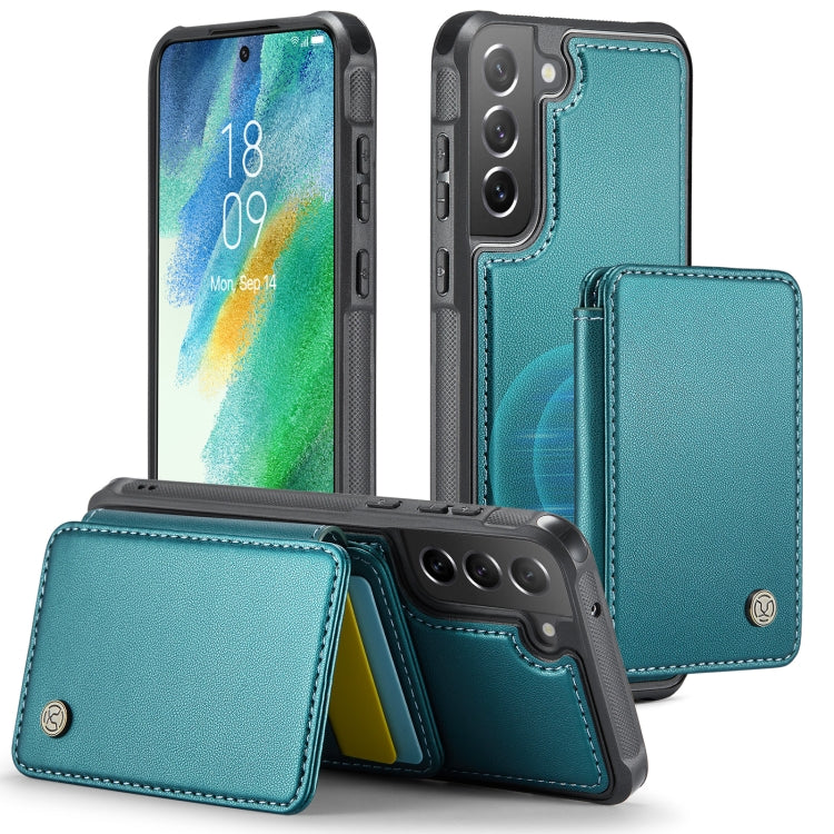 For Samsung Galaxy S21 FE 5G JEEHOOD J05 Business Magnetic Style RFID Leather Phone Case(Blue Green)