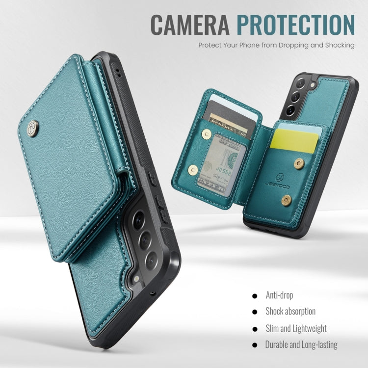 For Samsung Galaxy S21 FE 5G JEEHOOD J05 Business Magnetic Style RFID Leather Phone Case(Blue Green)