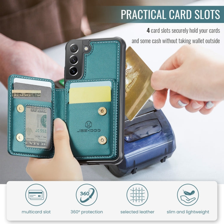 For Samsung Galaxy S21 FE 5G JEEHOOD J05 Business Magnetic Style RFID Leather Phone Case(Blue Green)