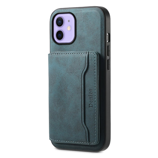 For iPhone 12 Denior D13 Retro Texture Leather MagSafe Card Bag Phone Case(Blue)