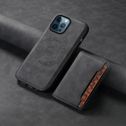 For iPhone 12 Pro Max Denior D13 Retro Texture Leather MagSafe Card Bag Phone Case(Black)