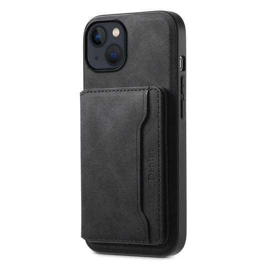 Pour iPhone 13 / 14 Denior D13 Étui de téléphone en cuir texturé rétro avec MagSafe et porte-cartes (noir)