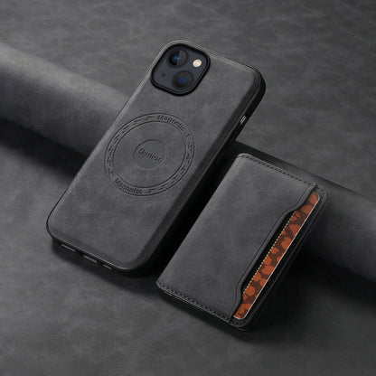 For iPhone 13 / 14 Denior D13 Retro Texture Leather MagSafe Card Bag Phone Case(Black)