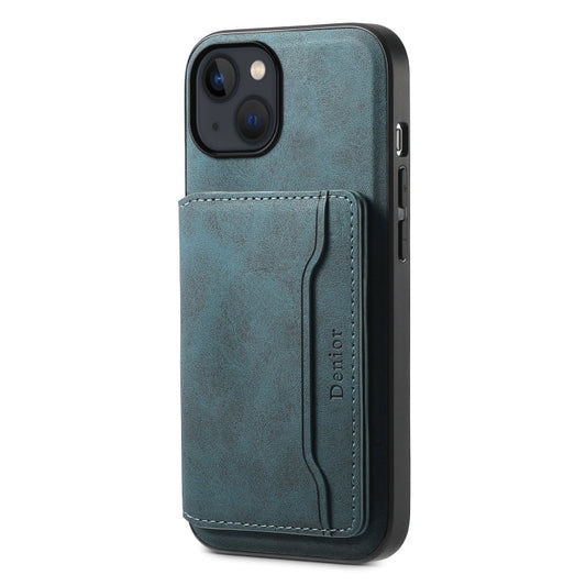 Pour iPhone 13 / 14 Étui de téléphone Denior D13 en cuir texturé rétro avec portefeuille MagSafe (bleu)