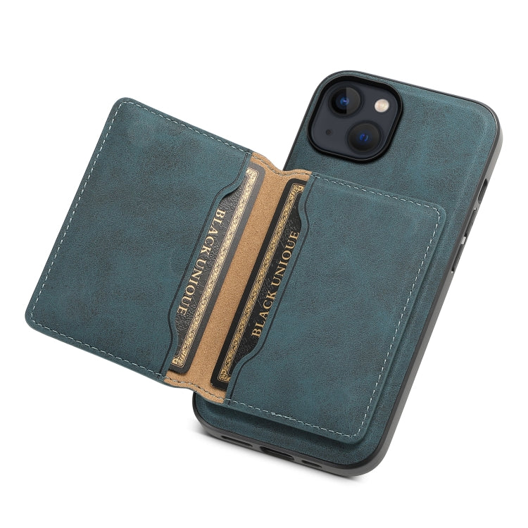 For iPhone 13 / 14 Denior D13 Retro Texture Leather MagSafe Card Bag Phone Case(Blue)