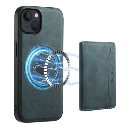 For iPhone 13 / 14 Denior D13 Retro Texture Leather MagSafe Card Bag Phone Case(Blue)
