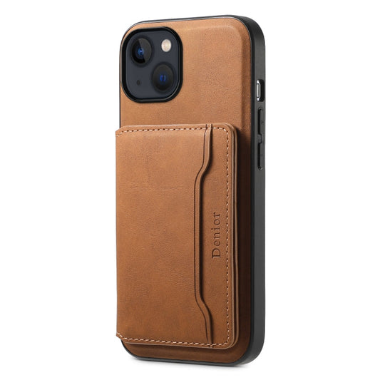 Pour iPhone 13 / 14 Étui de téléphone Denior D13 en cuir texturé rétro avec portefeuille MagSafe (marron)