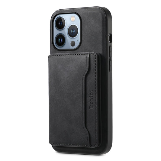 Pour iPhone 13 Pro Étui de téléphone en cuir texturé rétro Denior D13 avec MagSafe et porte-cartes (Noir)