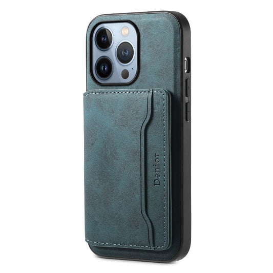 Pour iPhone 13 Pro Étui de téléphone Denior D13 en cuir texturé rétro avec fente pour cartes et MagSafe (Bleu)