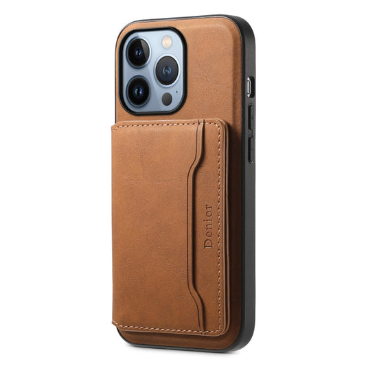 Pour iPhone 13 Pro Étui de téléphone Denior D13 en cuir texturé rétro avec porte-cartes MagSafe (Marron)
