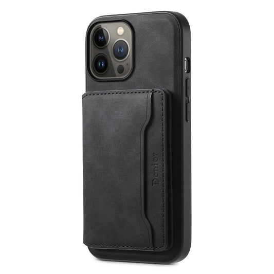 Pour iPhone 13 Pro Max Étui de téléphone en cuir texturé rétro Denior D13 avec fente pour cartes MagSafe (Noir)