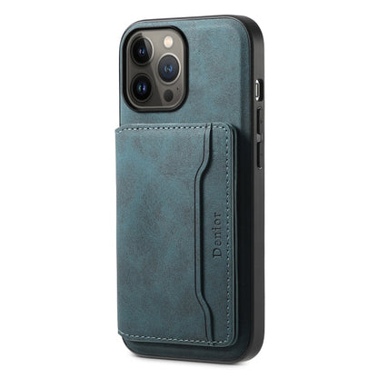 For iPhone 13 Pro Max Denior D13 Retro Texture Leather MagSafe Card Bag Phone Case(Blue)