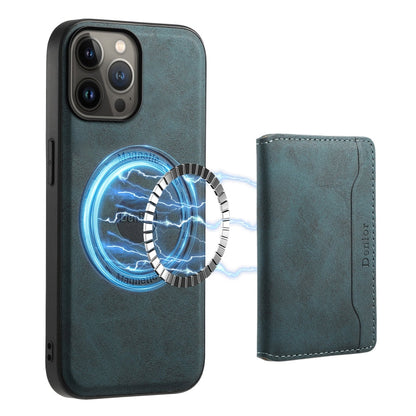 For iPhone 13 Pro Max Denior D13 Retro Texture Leather MagSafe Card Bag Phone Case(Blue)
