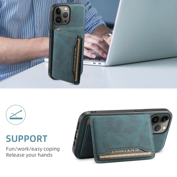 For iPhone 13 Pro Max Denior D13 Retro Texture Leather MagSafe Card Bag Phone Case(Blue)