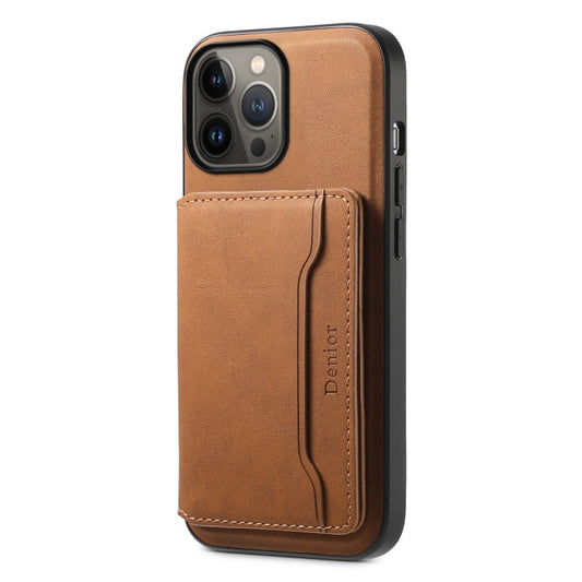 Pour iPhone 13 Pro Max Étui De Téléphone Denior D13 Rétro Texturé En Cuir MagSafe Porte-Cartes (Marron)