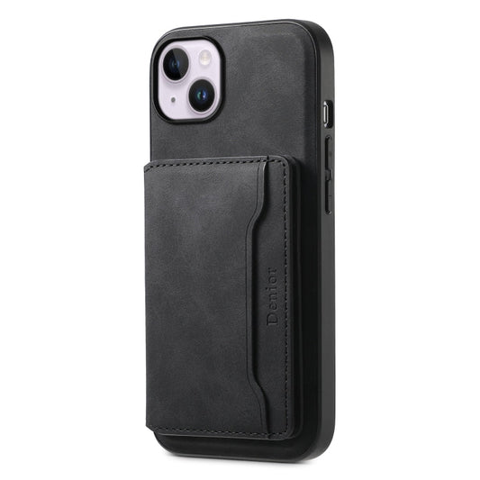 Pour iPhone 14 Plus Denior D13 Étui de téléphone en cuir texturé rétro MagSafe avec fente pour carte (Noir)
