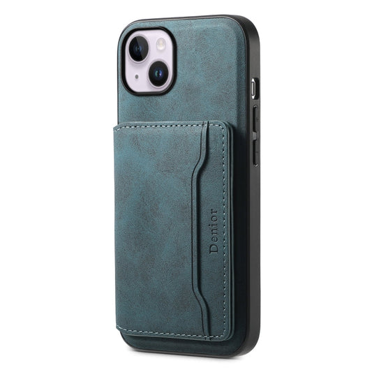 Pour iPhone 14 Plus Denior D13 Étui de téléphone en cuir texturé rétro MagSafe avec fentes pour cartes (Bleu)
