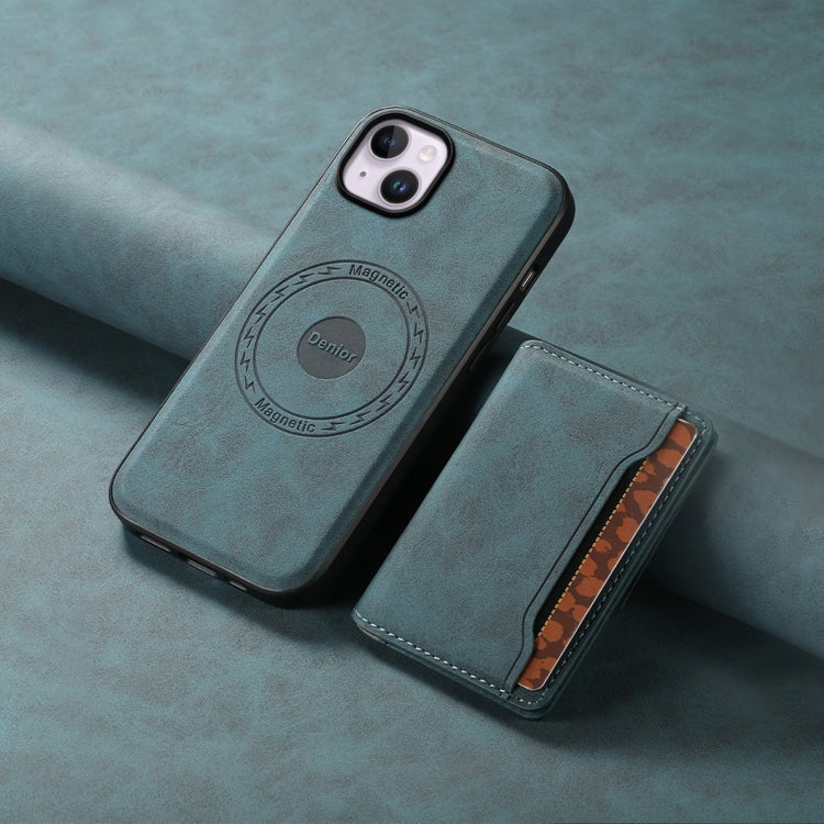 For iPhone 14 Plus Denior D13 Retro Texture Leather MagSafe Card Bag Phone Case(Blue)