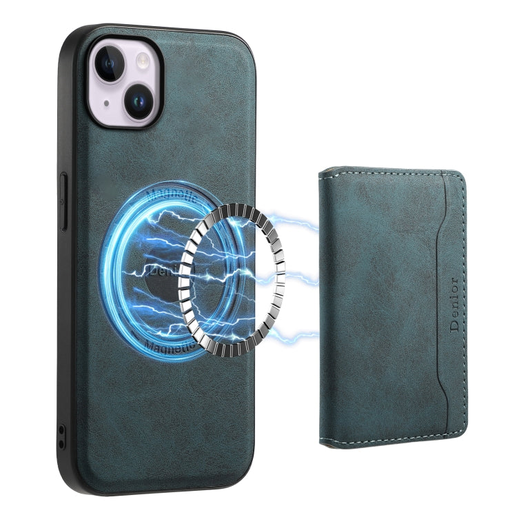 For iPhone 14 Plus Denior D13 Retro Texture Leather MagSafe Card Bag Phone Case(Blue)
