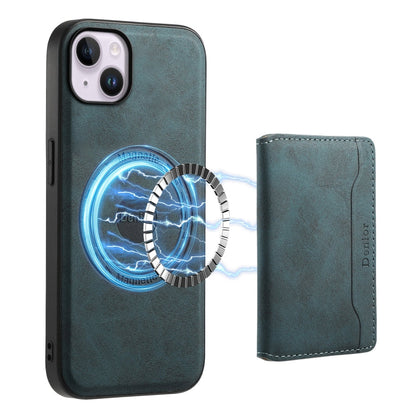 For iPhone 14 Plus Denior D13 Retro Texture Leather MagSafe Card Bag Phone Case(Blue)