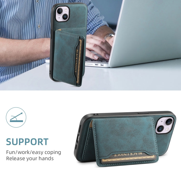 For iPhone 14 Plus Denior D13 Retro Texture Leather MagSafe Card Bag Phone Case(Blue)