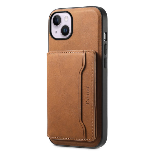Pour iPhone 14 Plus Denior D13 Étui de téléphone en cuir texturé rétro avec porte-cartes MagSafe (marron)