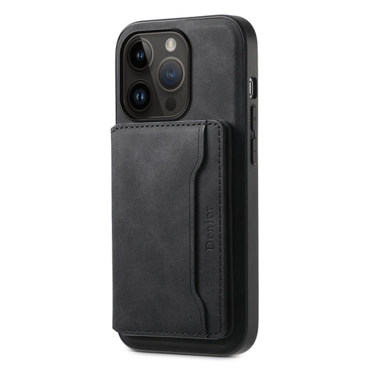 Pour iPhone 14 Pro Étui de téléphone Denior D13 en cuir texturé rétro avec porte-cartes MagSafe (Noir)