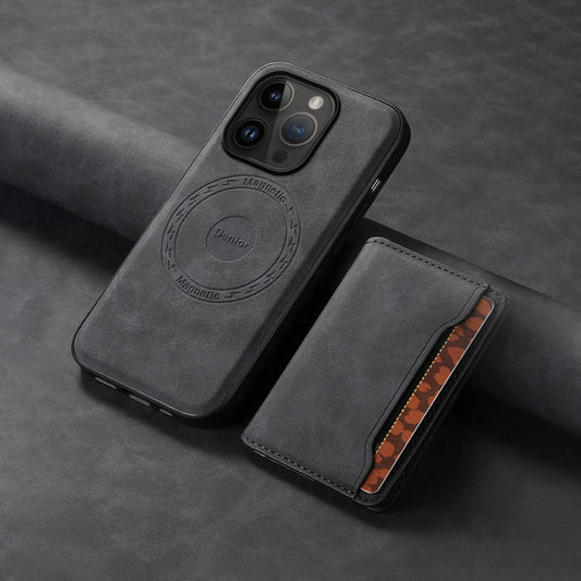 Pour iPhone 14 Pro Étui de téléphone Denior D13 en cuir texturé rétro avec porte-cartes MagSafe (Noir)